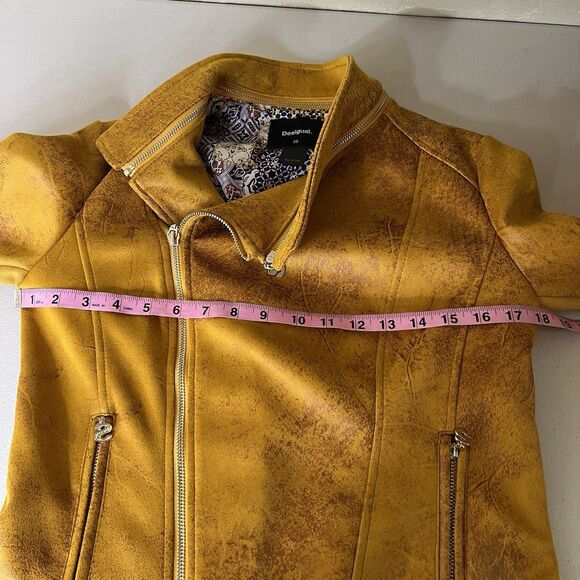 Desigual Moto Jacket Womens 38 M Mustard Yellow Faux Suede Embroidered Mandala - Picture 7 of 13
